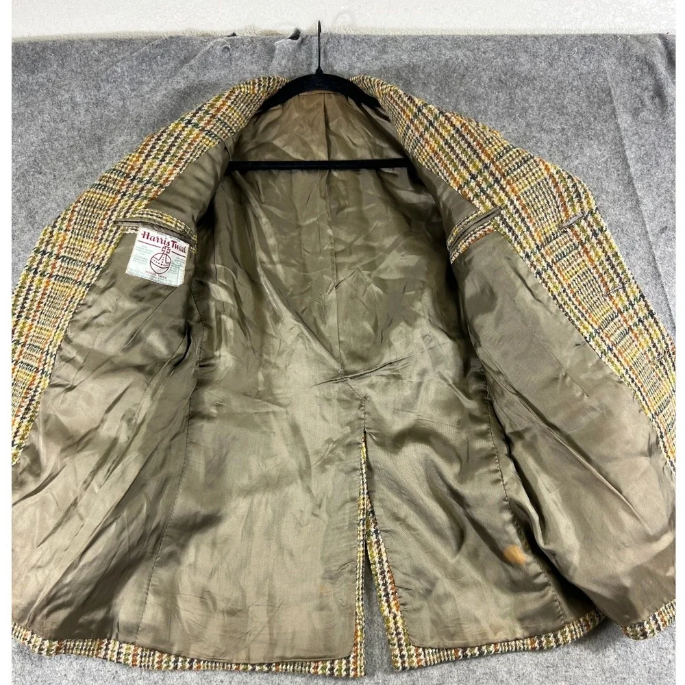 VTG 60s Harris Tweed Blazer Jacket Mens 40 Brown Plaid Lined Workwear Outdoor